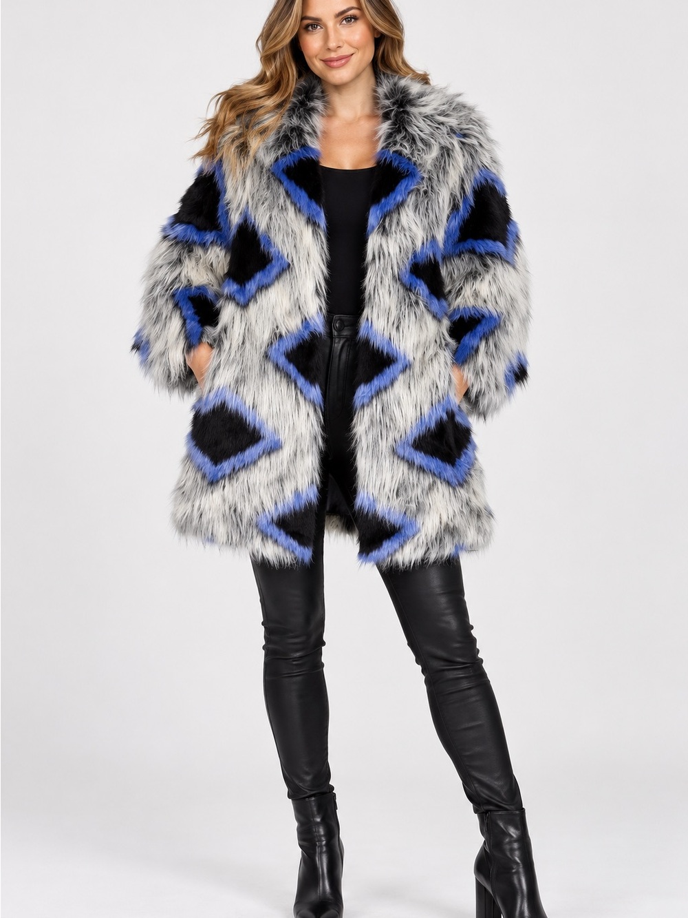 Fabulous Furs Gray, Black & Blue Faux Fur Geometric Jacket